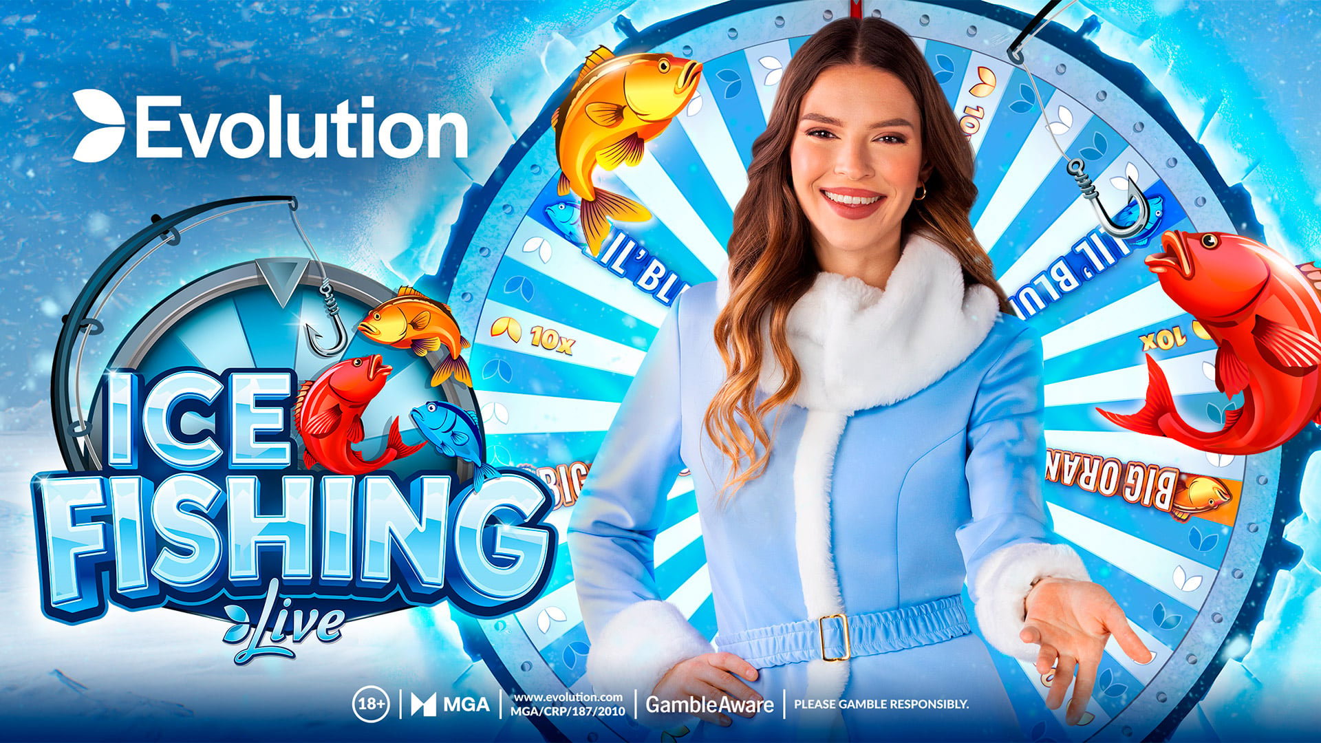 Ice Fishing Live by Evolution Gaming — presenter beside the Ice Fishing wheel with Lil' Blues, Big Oranges and Huge Reds fish